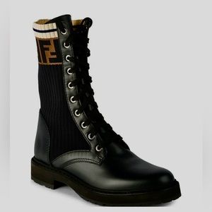 Fendi Rockoko Leather & Knit Combat Boots